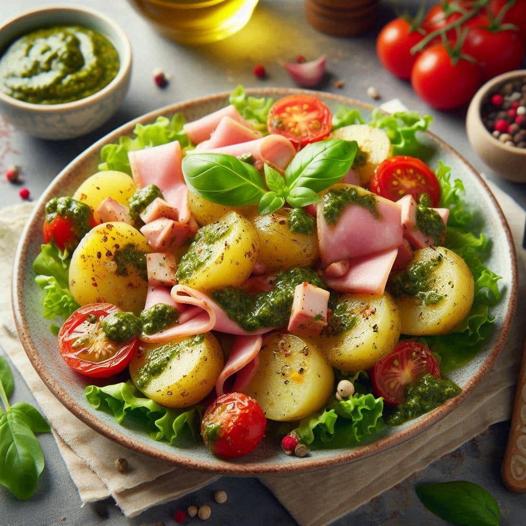 Kartoffelsalat-mit-Pesto-Schinken-und-Tomaten