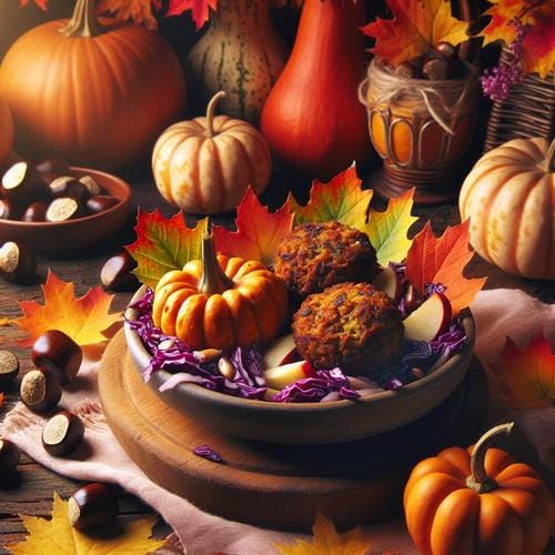 Köstliche Herbstfreuden Kürbis Falafeln auf Apfel Rotkraut Salat