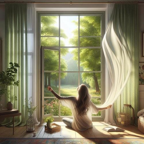 Achtsamkeit am Morgen: Mit bewusster frischer Luft startest du klar und energiegeladen in jeden neuen Tag. Achtsamkeit, Fenster öffnen, Morgenroutine, frische Luft, bewusster Start