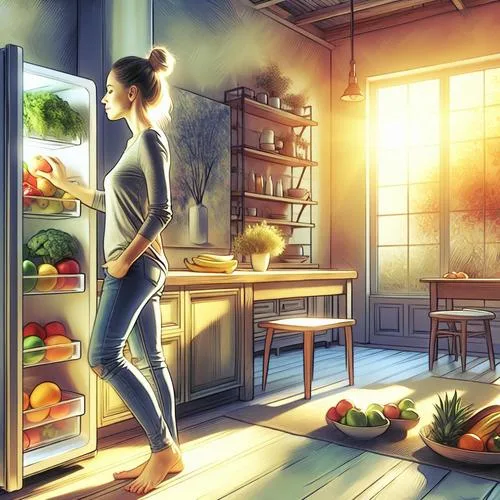 Achtsamkeit beim Kühlschranköffnen hilft, Essgewohnheiten zu durchbrechen und bewusster auf den Körper zu hören. Tipps für gesündere Entscheidungen. achtsamkeit, bewusst essen, hunger erkennen, gesunde ernährung, kühlschrank öffnung