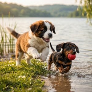 Spielende Hunde am see