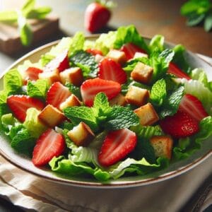 Romana-Minz-Salat mit Erdbeeren und knusprigen Brotwürfeln – Ein Sommertraum auf dem Teller